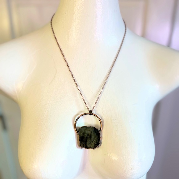 New Jade Green Slab Necklace | Natural Stone | Copper Color Finish | 24” - Picture 2 of 6